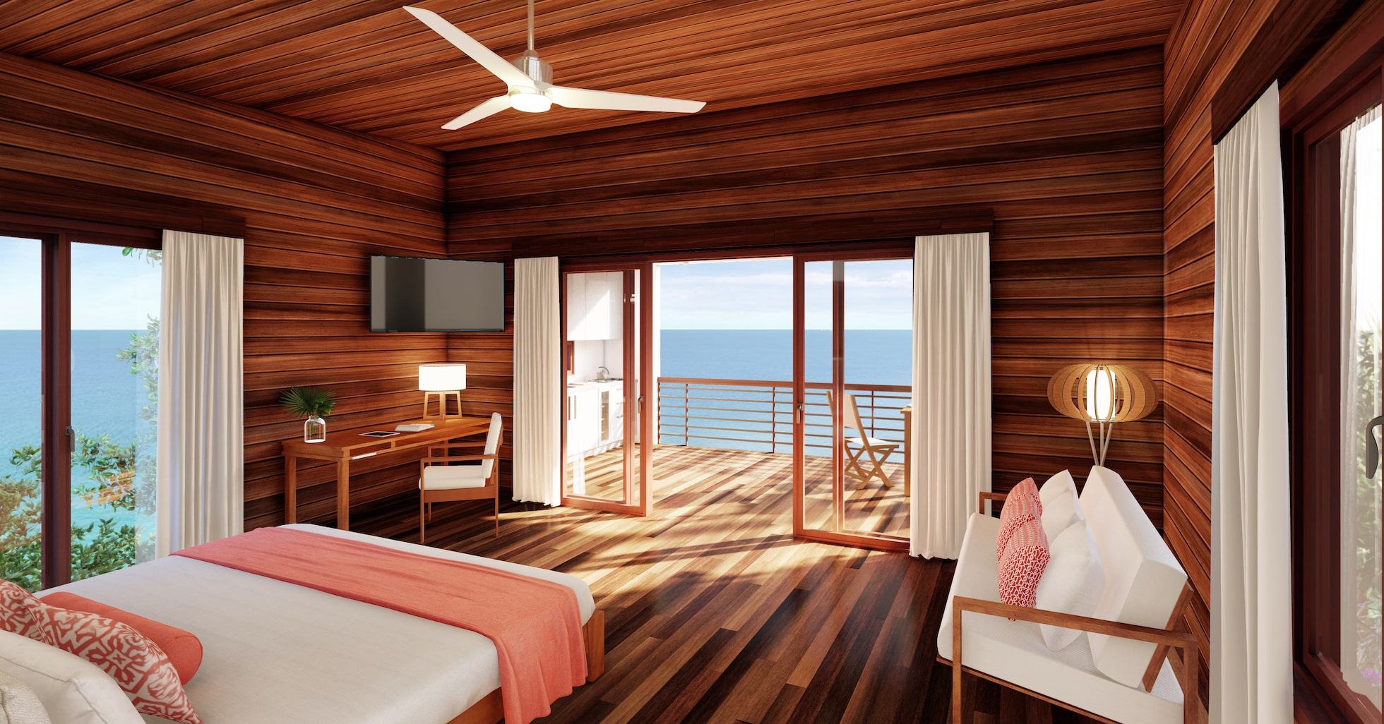 Natural wood bedroom with panoramic sea views